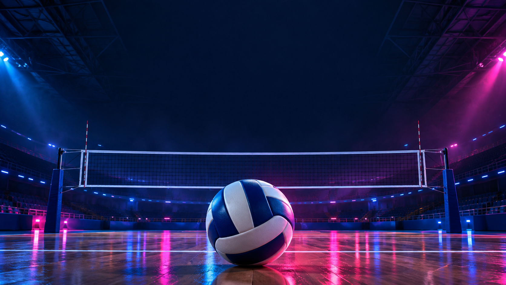 Immagine generata con IA: pallone e rete in un’arena immaginaria illuminata di fucsia e blu